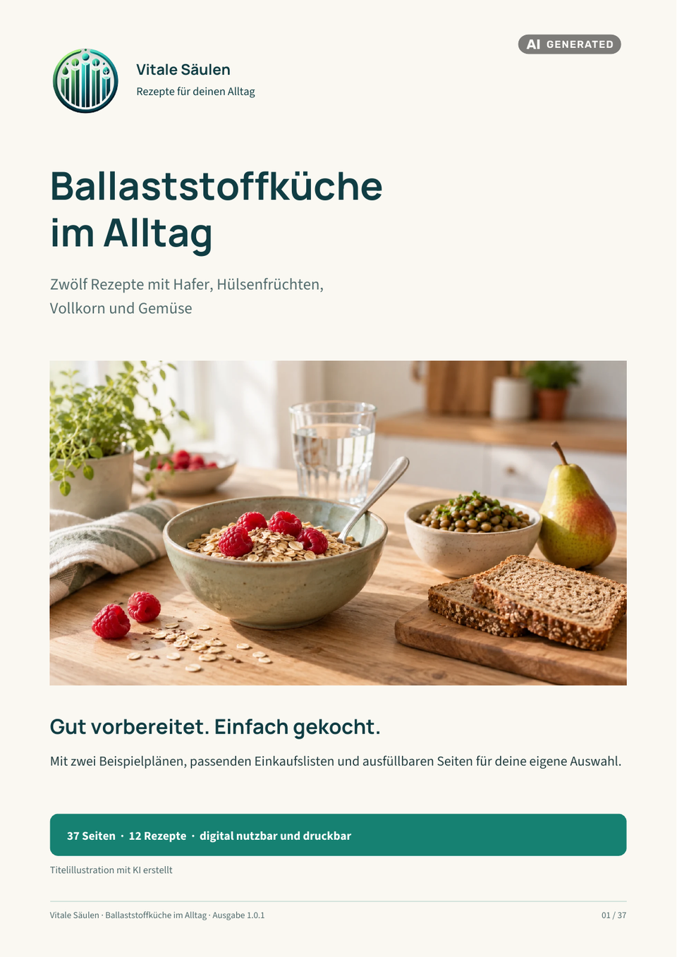 Vollständiges Cover der Ballaststoffküche im Alltag. Die Lebensmittelillustration ist KI-generiert.