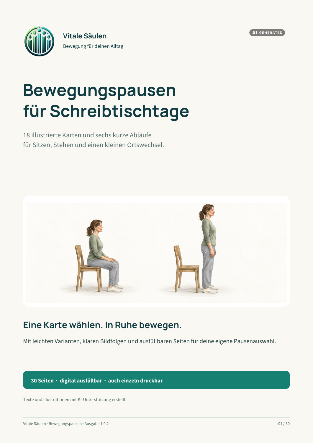 Originalcover der Bewegungspausen für Schreibtischtage mit KI-unterstützten natürlichen Illustrationen.