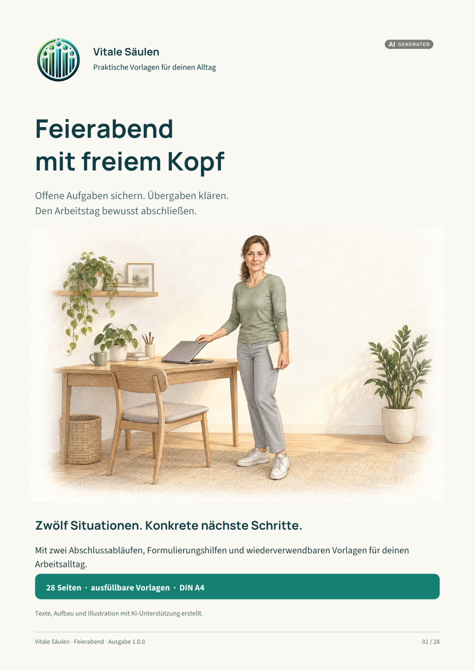 Originalcover von Feierabend mit freiem Kopf mit einer KI-unterstützten natürlichen Illustration.
