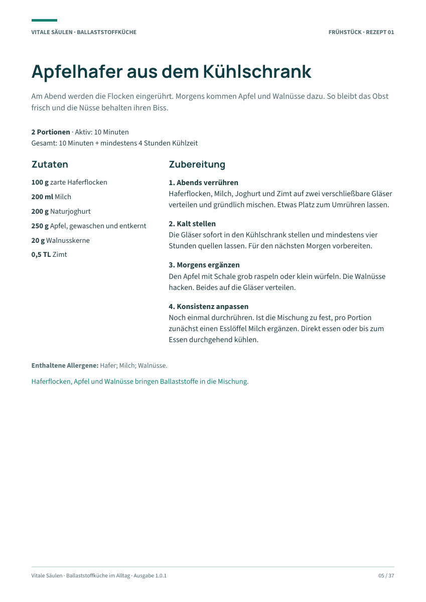 Originalseite 5 aus dem PDF: Apfelhafer aus dem Kühlschrank mit Zutaten und Zubereitung.