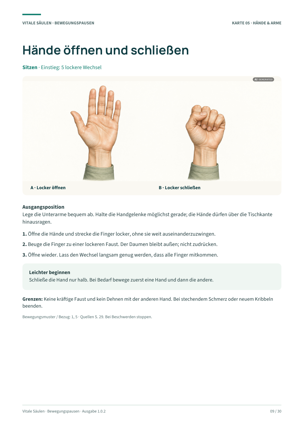 Originalseite 9 aus der PDF: Karte 05, Hände öffnen und schließen, mit zwei Zeichnungen und Anleitung.