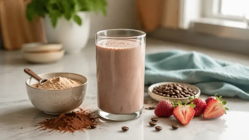 Vollständig KI-generiertes Themenbild: Zubereiteter Proteinshake, Pulver, Beeren und Kaffeebohnen; dient der Orientierung und zeigt nicht das Produkt