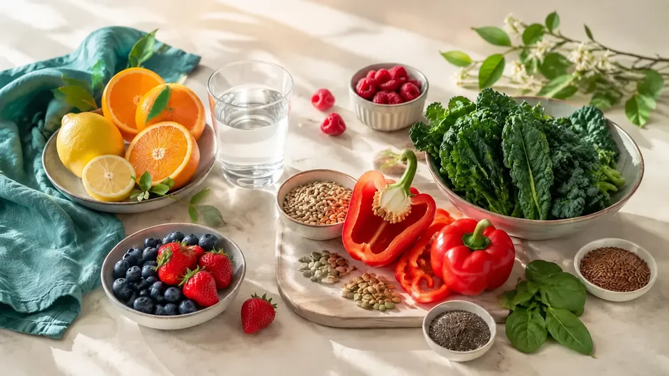Vollständig KI-generiertes Themenbild: Farbenfrohes Obst, Gemüse, Saaten und Wasser im Themenbereich Grundversorgung und Vitamine