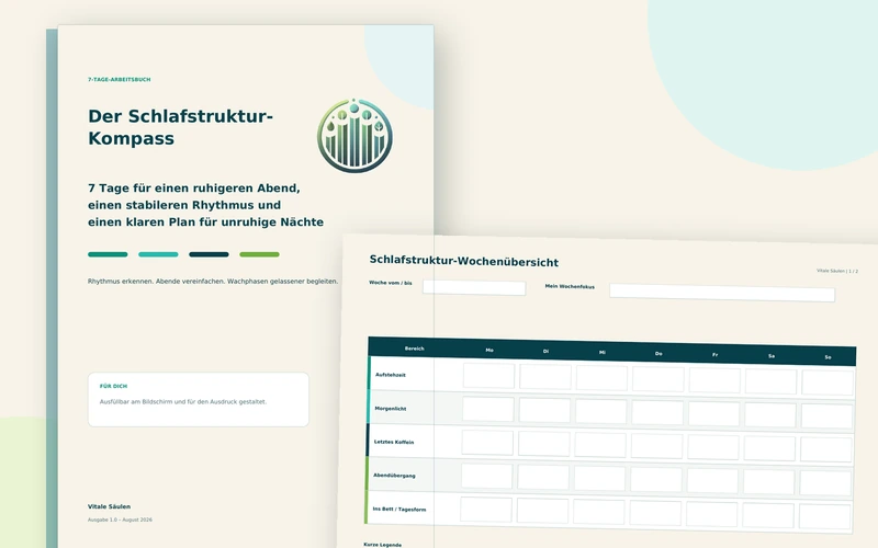 Produktcover des Schlafstruktur-Kompasses mit Arbeitsbuch und Wochenübersicht – KI-generiertes Bild