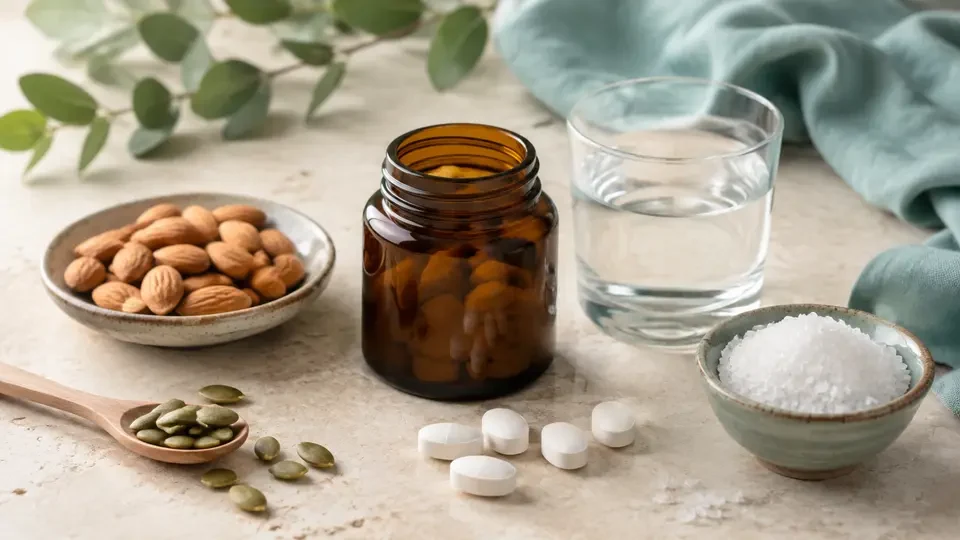 Vollständig KI-generiertes Themenbild: Neutrale Presslinge, Wasser, Mandeln, Saaten und Mineralsalz; dient der Orientierung und zeigt nicht das Produkt