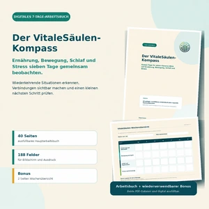 Produktansicht des VitaleSäulen-Kompasses mit 40-seitigem Arbeitsbuch und Wochenübersicht – KI-generiertes Bild