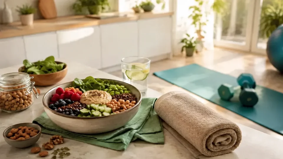 Vollständig KI-generiertes Themenbild: Proteinreiche Lebensmittel, Wasser und Trainingszubehör im Themenbereich Energie, Protein und Gewichtsmanagement