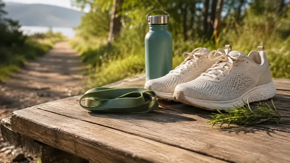 Vollständig KI-generiertes Themenbild: Bequeme Laufschuhe, Trainingsband und Wasserflasche an einem Naturweg im Themenbereich Gelenke und Bewegung