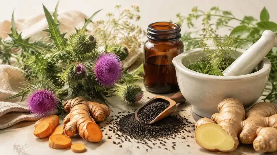 Vollständig KI-generiertes Themenbild: Mariendistel, Kurkuma, Schwarzkümmel, Ingwer und Kräuter; dient der Orientierung und zeigt nicht das Produkt
