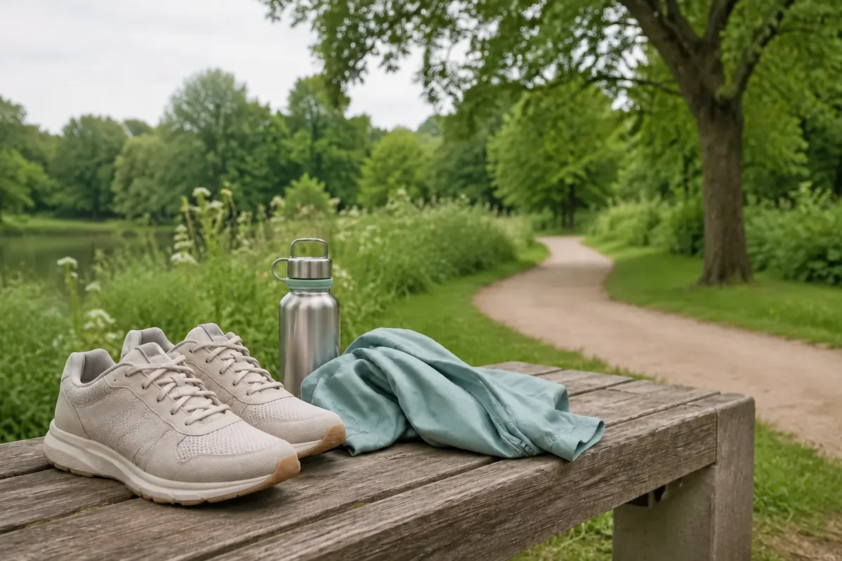 Bequeme Schuhe und Wasserflasche an einem ruhigen Parkweg. Vollständig KI-generiertes Bild.