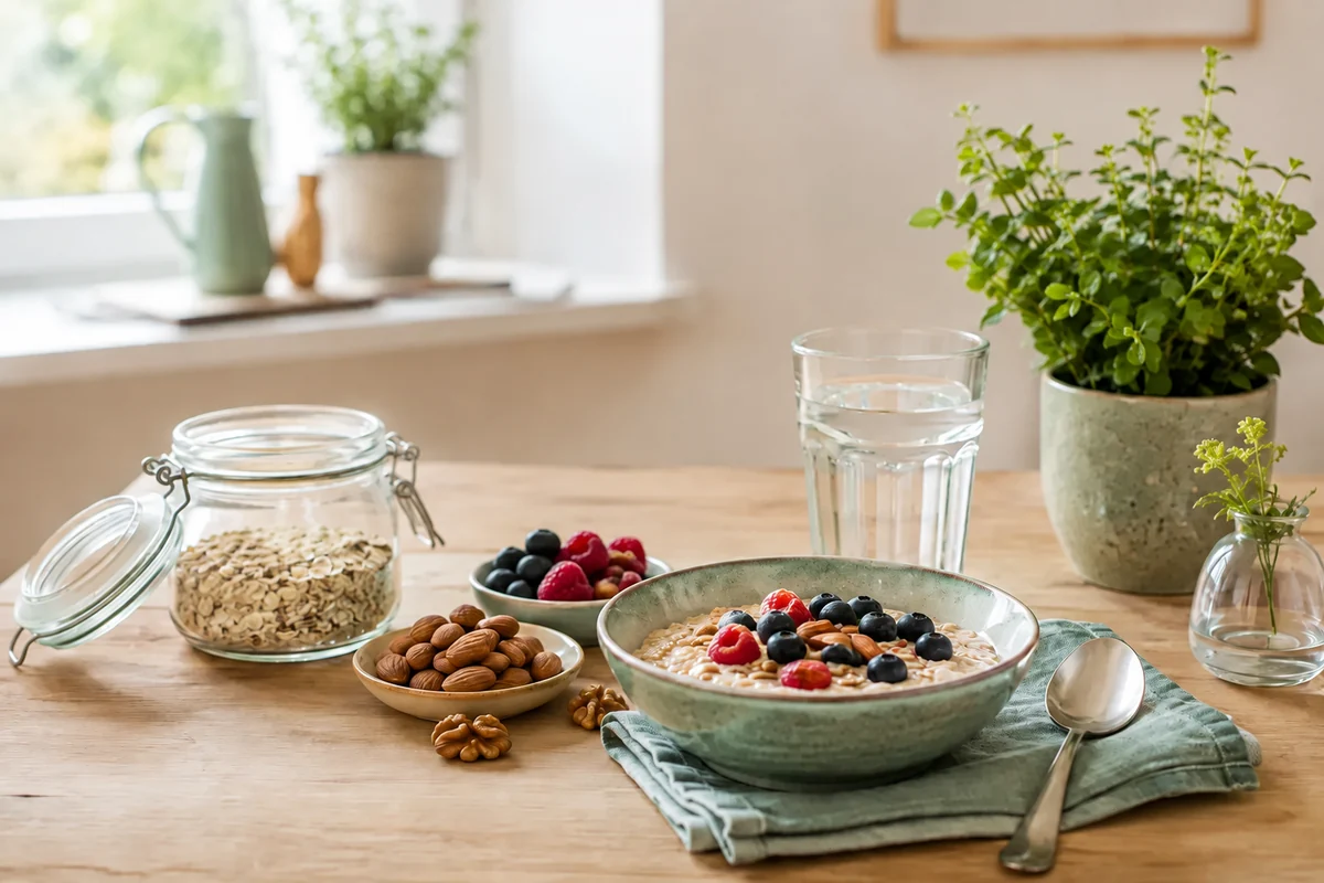 Ausgewogenes Frühstück mit Haferflocken, Beeren, Nüssen und Wasser. Vollständig KI-generiertes Bild.