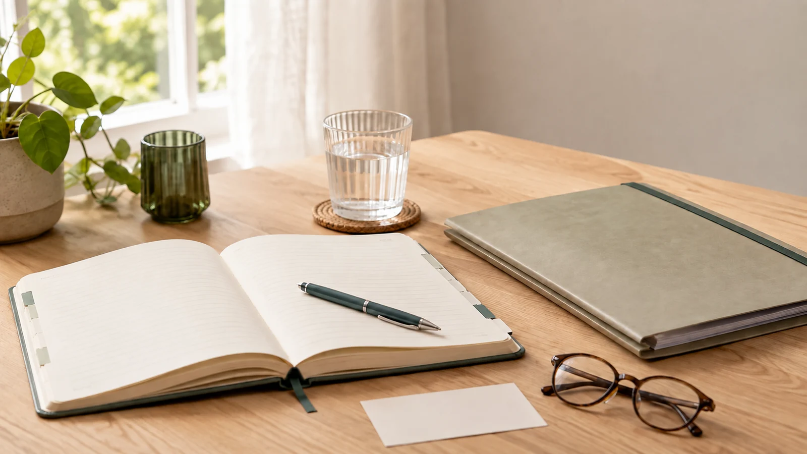 Offenes Notizbuch mit Stift, geordneten Unterlagen und einem Glas Wasser zur Vorbereitung auf einen Arztbesuch – KI-generiertes Bild