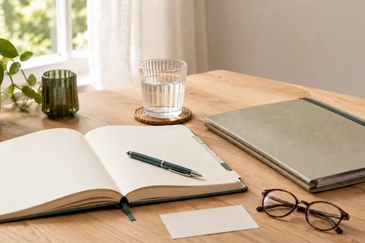 Offenes Notizbuch mit Stift, geordneten Unterlagen und einem Glas Wasser zur Vorbereitung auf einen Arztbesuch – KI-generiertes Bild