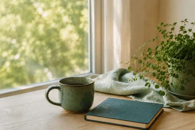 Ruhiger Platz am Fenster mit Tasse, geschlossenem Notizbuch und Pflanze. Vollständig KI-generiertes Bild.