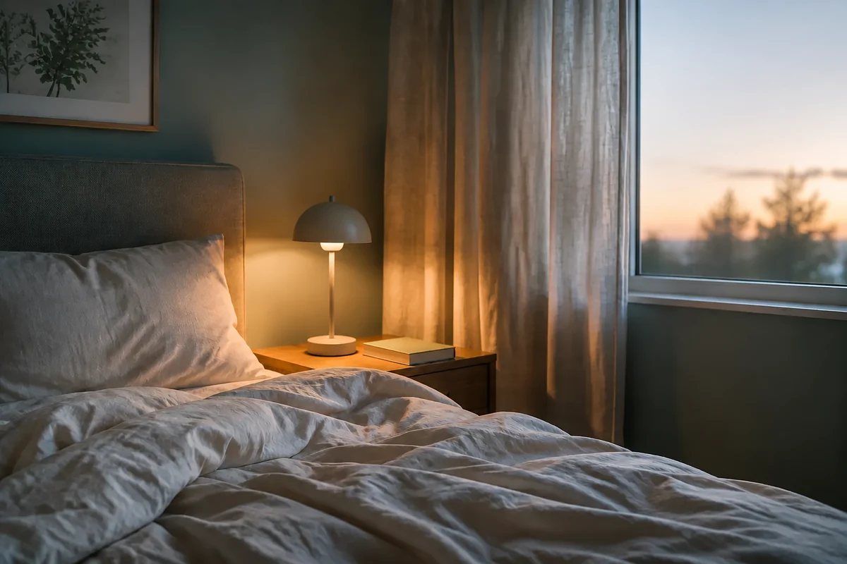Ruhiges Schlafzimmer mit warmem Licht am Übergang zur Morgendämmerung. Vollständig KI-generiertes Bild.