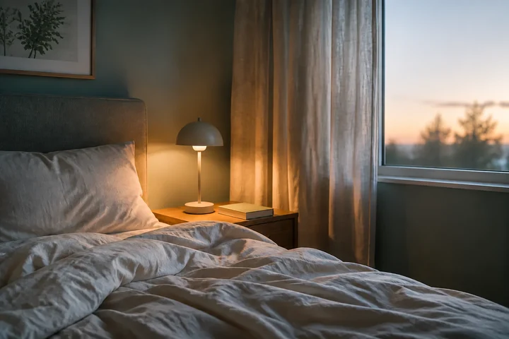 Ruhiges Schlafzimmer mit warmem Licht am Übergang zur Morgendämmerung. Vollständig KI-generiertes Bild.