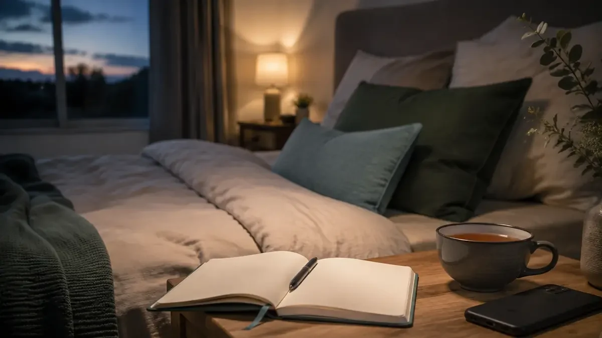 Ruhiges Schlafzimmer am Abend mit offenem Notizbuch, Tee und abgelegtem Smartphone – KI-generiertes Bild
