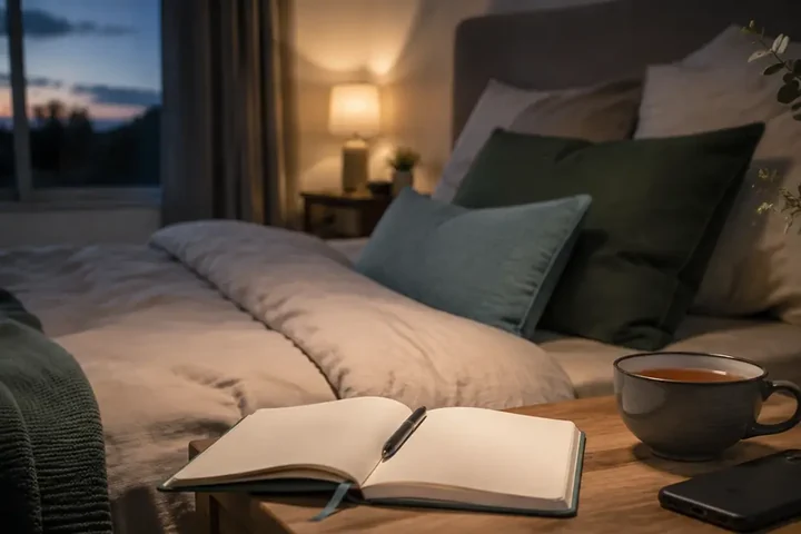 Ruhiges Schlafzimmer am Abend mit offenem Notizbuch, Tee und abgelegtem Smartphone – KI-generiertes Bild
