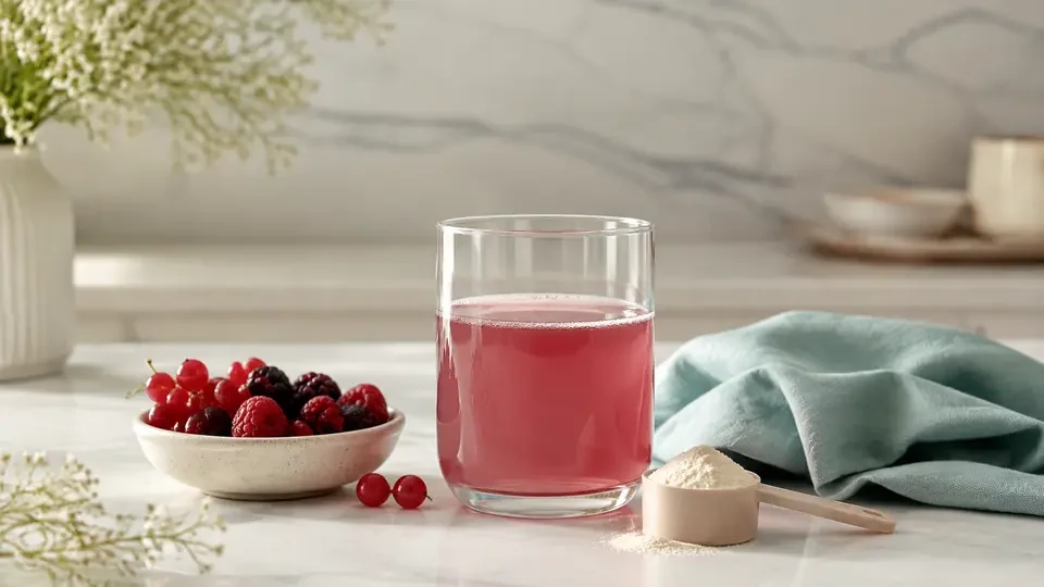 Vollständig KI-generiertes Themenbild: Beeriger Drink, Pulver und frische Beeren; dient der Orientierung und zeigt nicht das Produkt