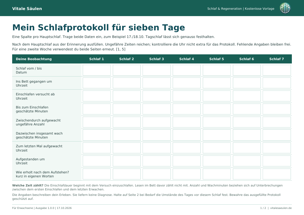 Titelseite des kostenlosen Schlafprotokolls von Vitale Säulen.