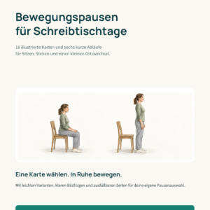 Cover der Bewegungspausen für Schreibtischtage mit einer natürlich gezeichneten Frau beim Sitzen und Aufstehen. Mit KI-Unterstützung erstellt.