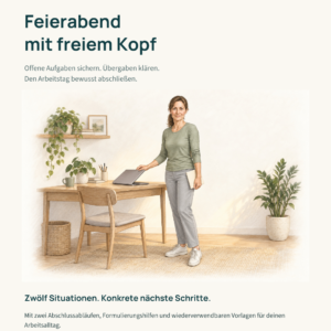 Cover von Feierabend mit freiem Kopf: eine natürlich gezeichnete Frau in salbeigrünem Oberteil, silbergrauer Hose und hellen Schuhen schließt ihren Laptop. Mit KI-Unterstützung erstellt.