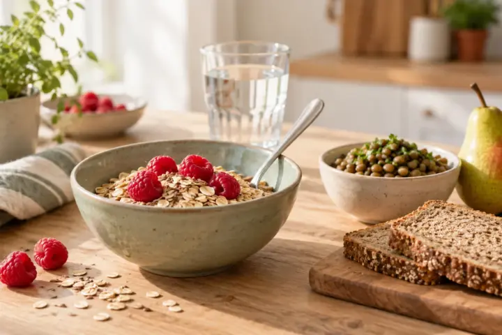 Haferflocken mit Himbeeren, gegarte Linsen, Vollkornbrot, eine Birne und ein Glas Wasser auf einem hellen Küchentisch
