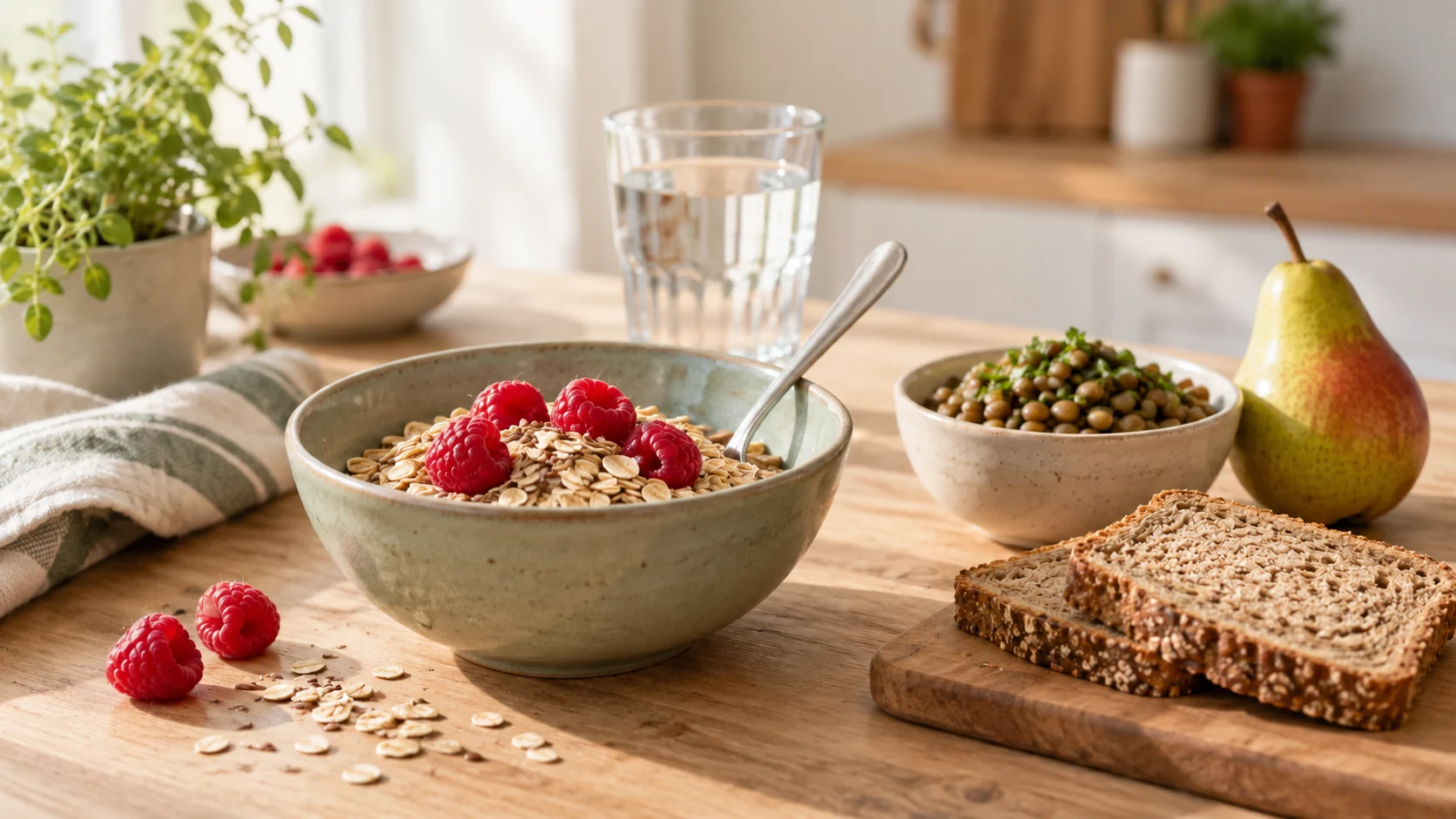 Haferflocken mit Himbeeren, gegarte Linsen, Vollkornbrot, eine Birne und ein Glas Wasser auf einem hellen Küchentisch