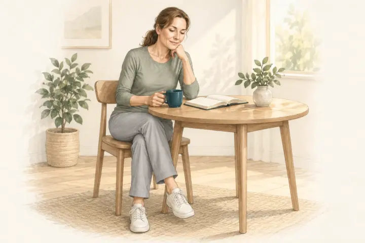 Frau in salbeigrünem Oberteil und silbergrauer Hose sitzt mit einer Kaffeetasse und einem offenen Notizbuch an einem Holztisch – KI-generierte Illustration