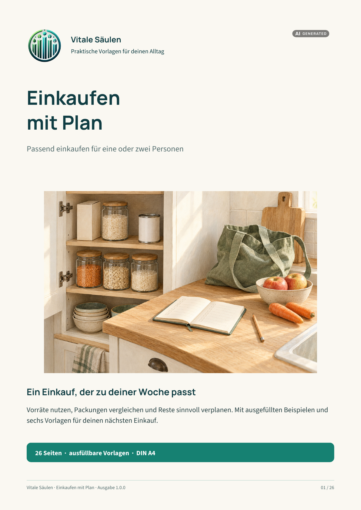 Originalcover des PDF-Arbeitsbuchs Einkaufen mit Plan von Vitale Säulen.
