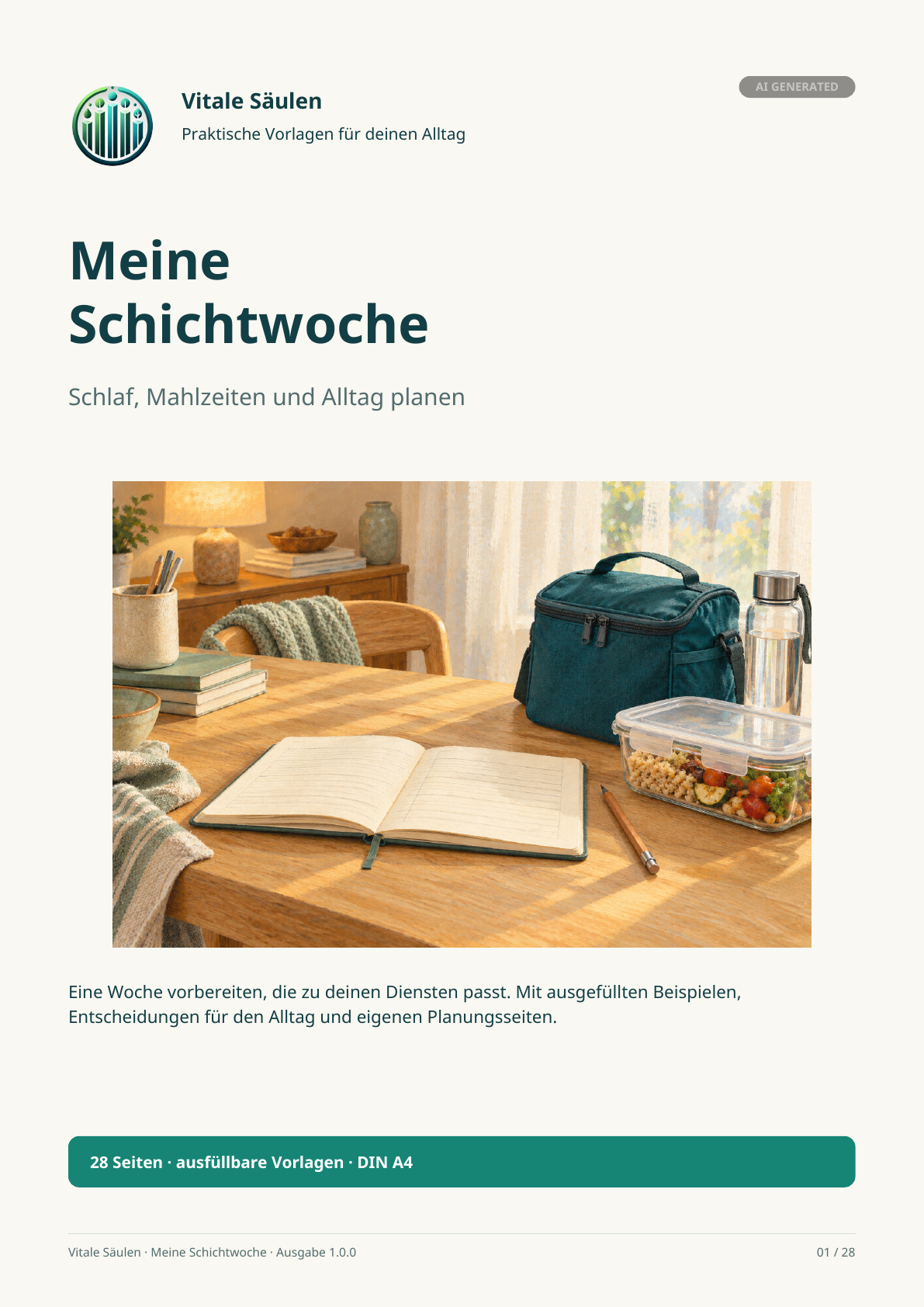 Originalcover des PDF-Arbeitsbuchs Meine Schichtwoche: Schlaf, Mahlzeiten und Alltag planen von Vitale Säulen.