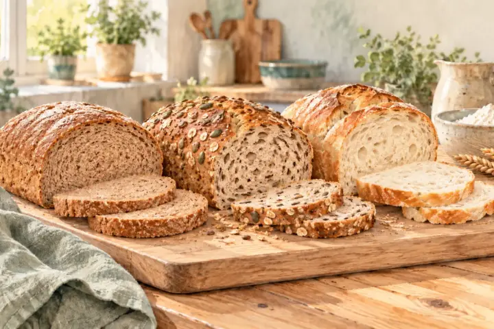 Drei angeschnittene Brote mit unterschiedlich heller Krume und Saatenkruste auf einem Holzbrett.
