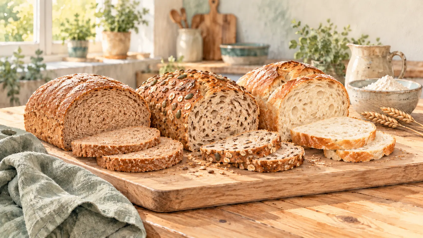 Drei angeschnittene Brote mit unterschiedlich heller Krume und Saatenkruste auf einem Holzbrett.