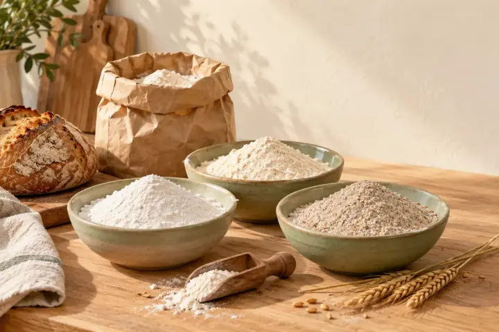 Drei Schalen mit hellem und dunklerem Mehl, eine offene Papiertüte, eine Holzschaufel und ein Brot auf einer hellen Küchenarbeitsfläche.